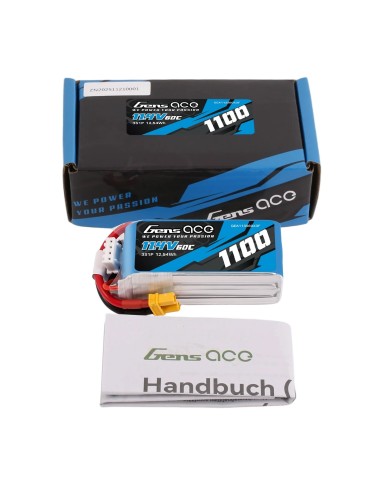 Batería LiPo Gens ace de 1100 mAh, 11,4 V, 60C, 3S1P con conector XT30.