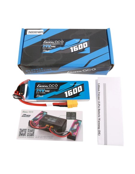 Batería Lipo Gens ace G-Tech de 1600 mAh, 7,4 V, 45C, 2S1P con conector XT60.