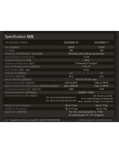 Motor Dualsky GA3500R.11 Racing Edition de 180 K/V y 3500 W
