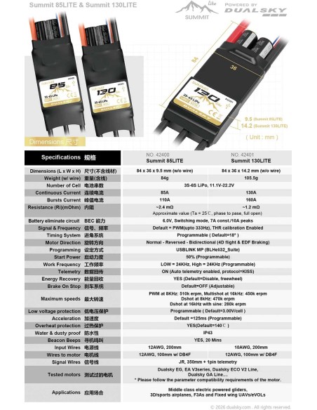 Controlador electrónico de velocidad (ESC) Dualsky Summit 85 Lite