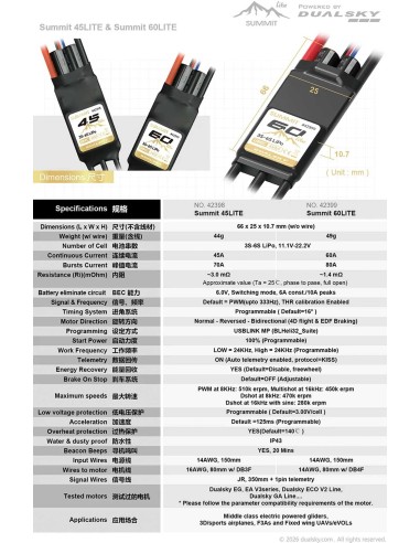 Controlador electrónico de velocidad Dualsky Summit 60Lite