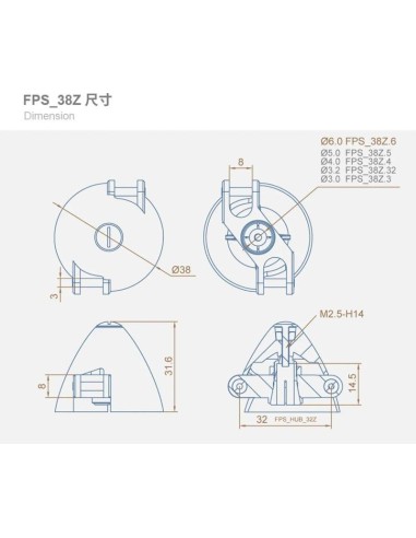 Cono DUALSKY tipo Z de ø 38 mm, eje del motor de 3,175 mm para hélices plegables FPS_38Z.32