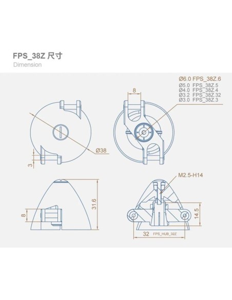 Cono DUALSKY tipo Z de ø 38 mm, eje del motor de 3,175 mm para hélices plegables FPS_38Z.32