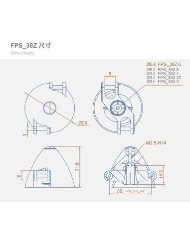 Cono DUALSKY tipo Z de ø 38 mm, eje del motor de 6,0 mm para hélices plegables FPS_38Z.6