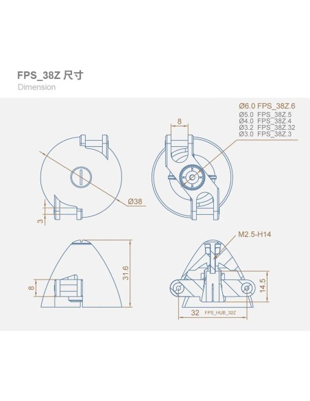 Cono DUALSKY tipo Z de ø 38 mm, eje del motor de 6,0 mm para hélices plegables FPS_38Z.6